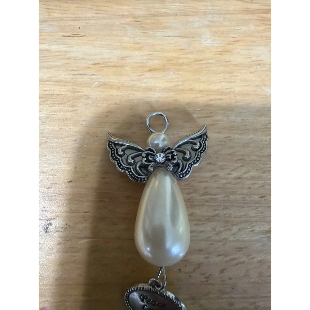 Silver Tone Angel Peace Love Joy Faux Pearl‎ Crystal Ornament Pendant